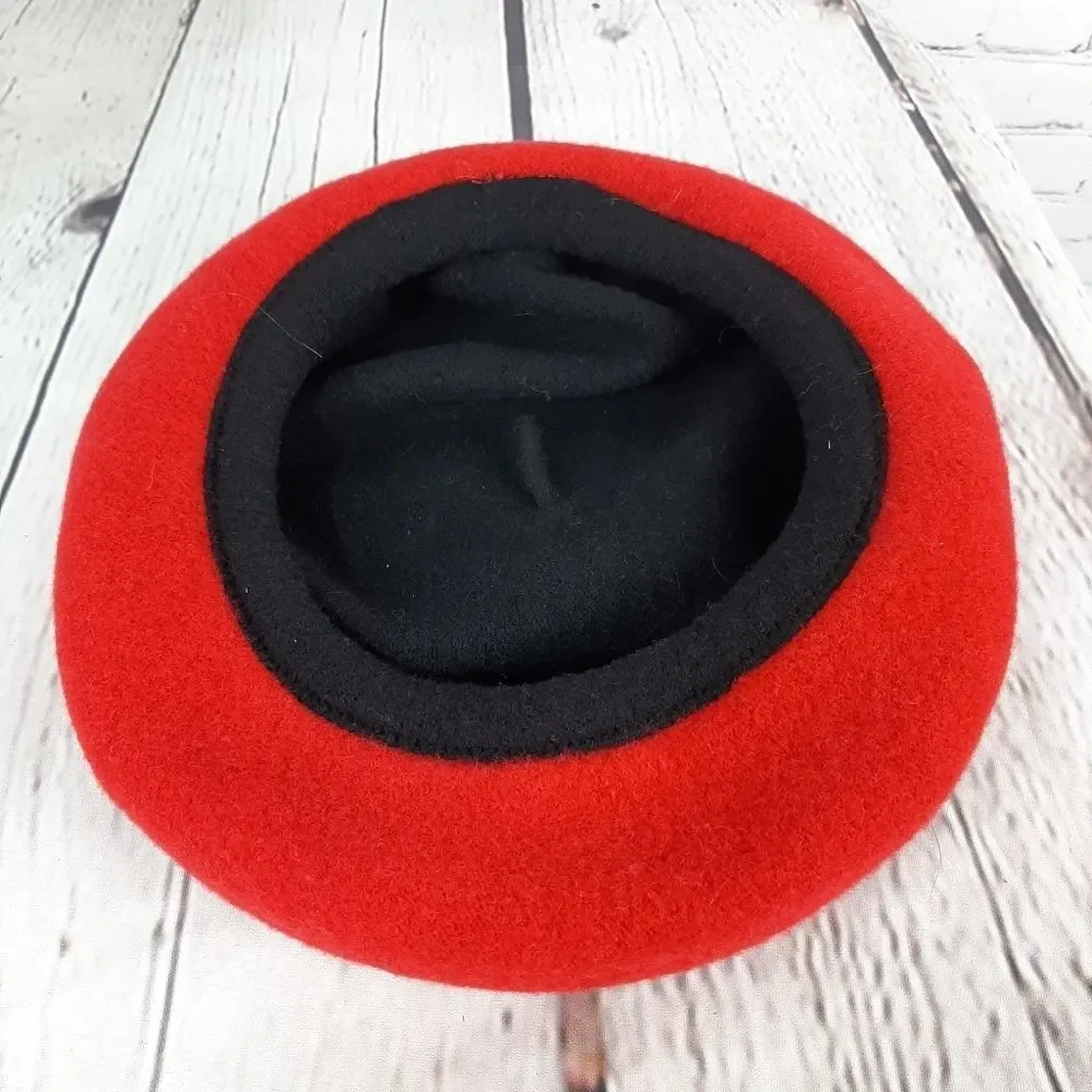 Vintage Thick Red Black Wool Reversible Beret Hat Stylish Retro Warm Cla…